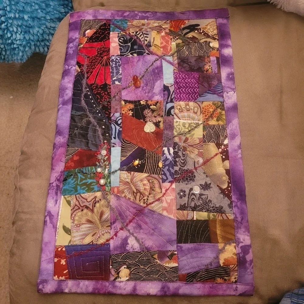 Vintage Signed Handmade Crazy Quilt Embroider Patchwork Wall Decor Art OOAK HTF